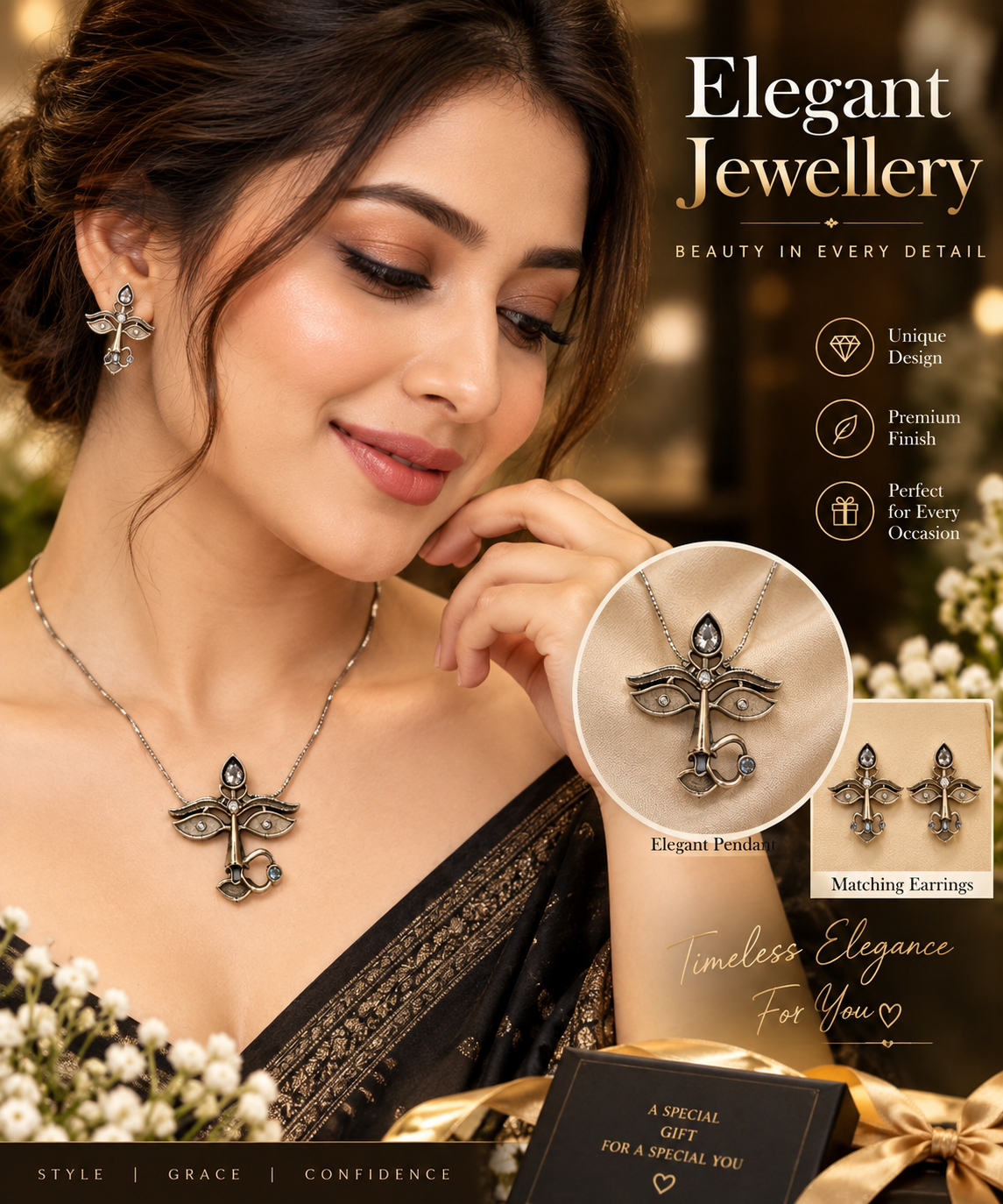 OXIDIZED MAA DURGA PENDANT WITH MATCHING EARING
