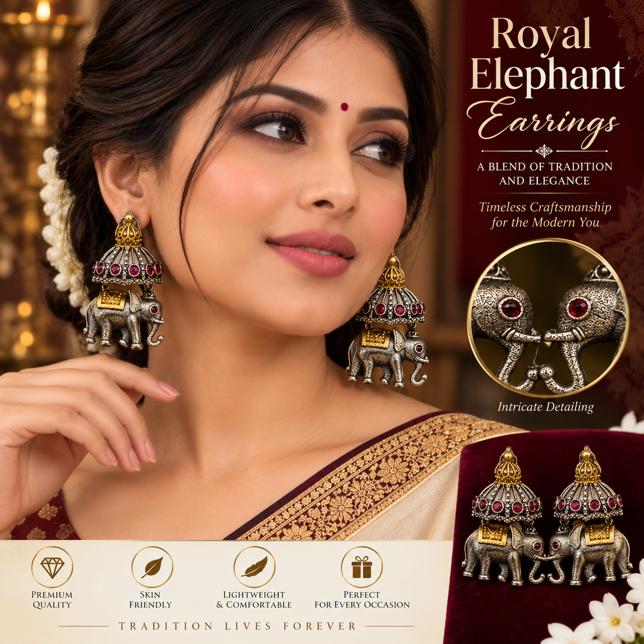 DUAL TONE OXIDIZED ORNATE ELEPHANT EARINGS