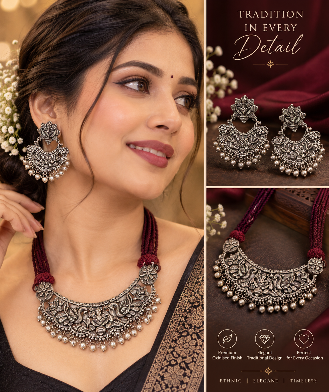 SILVER PLATED CRESCENT-STYLE NECKLACE WITH MATCHING EARINGS