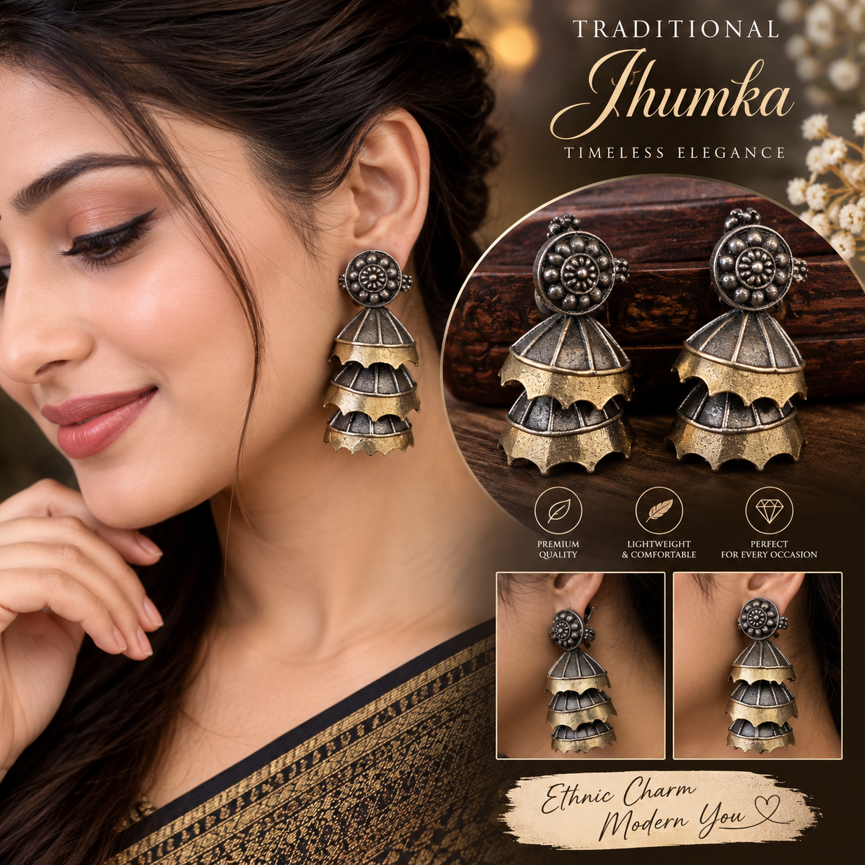 DUAL TONE TRIPLE-TIERED OXIDIZED METAL JUMKA EARINGS
