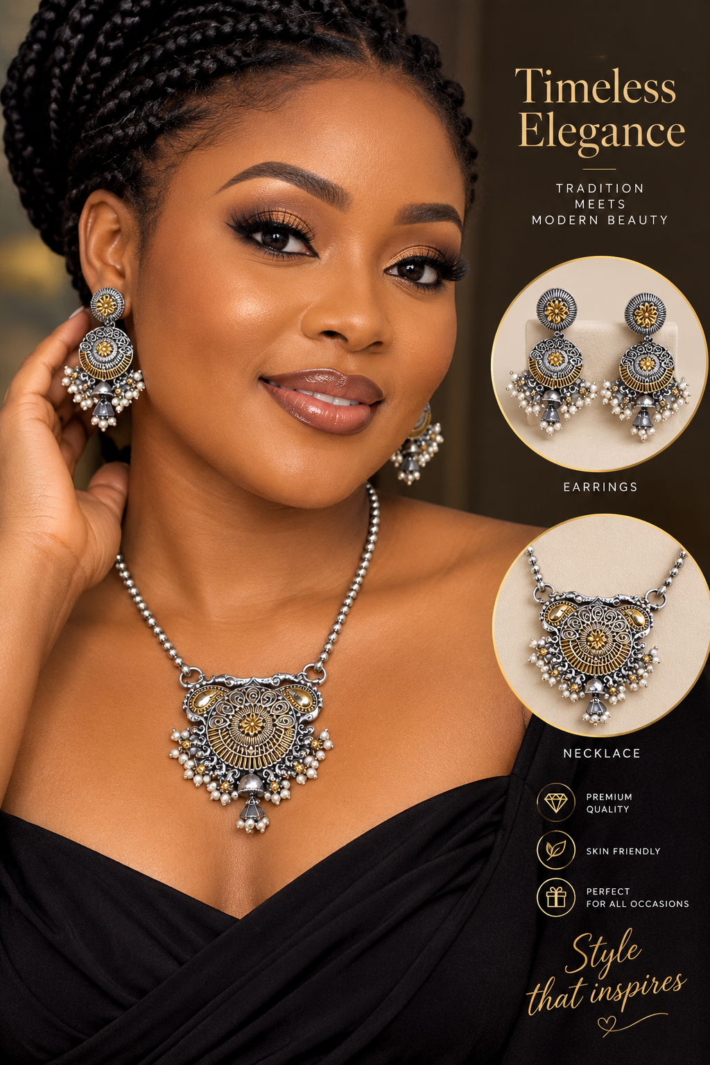 ORNATE DUALTONE OXIDIZED SILVER PENDANT NECKLACE WITH EARINGS