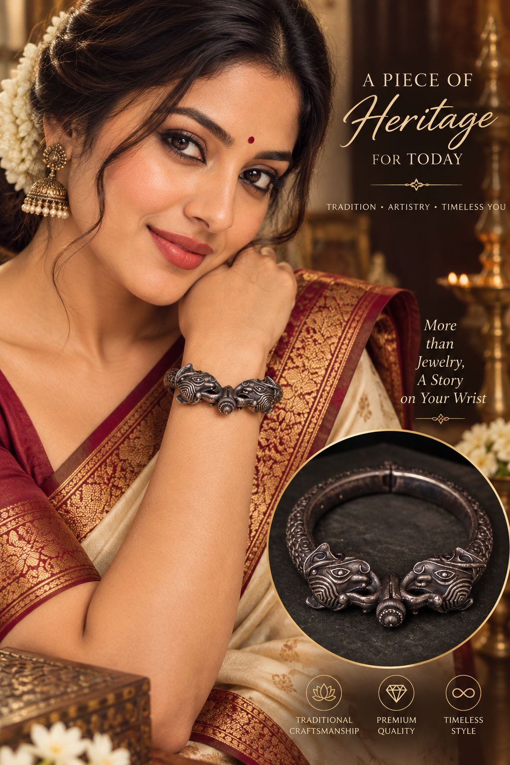 OXIDIZED SILVER ELEPHANT HEAD MOTIF CHITAI WORK KADA