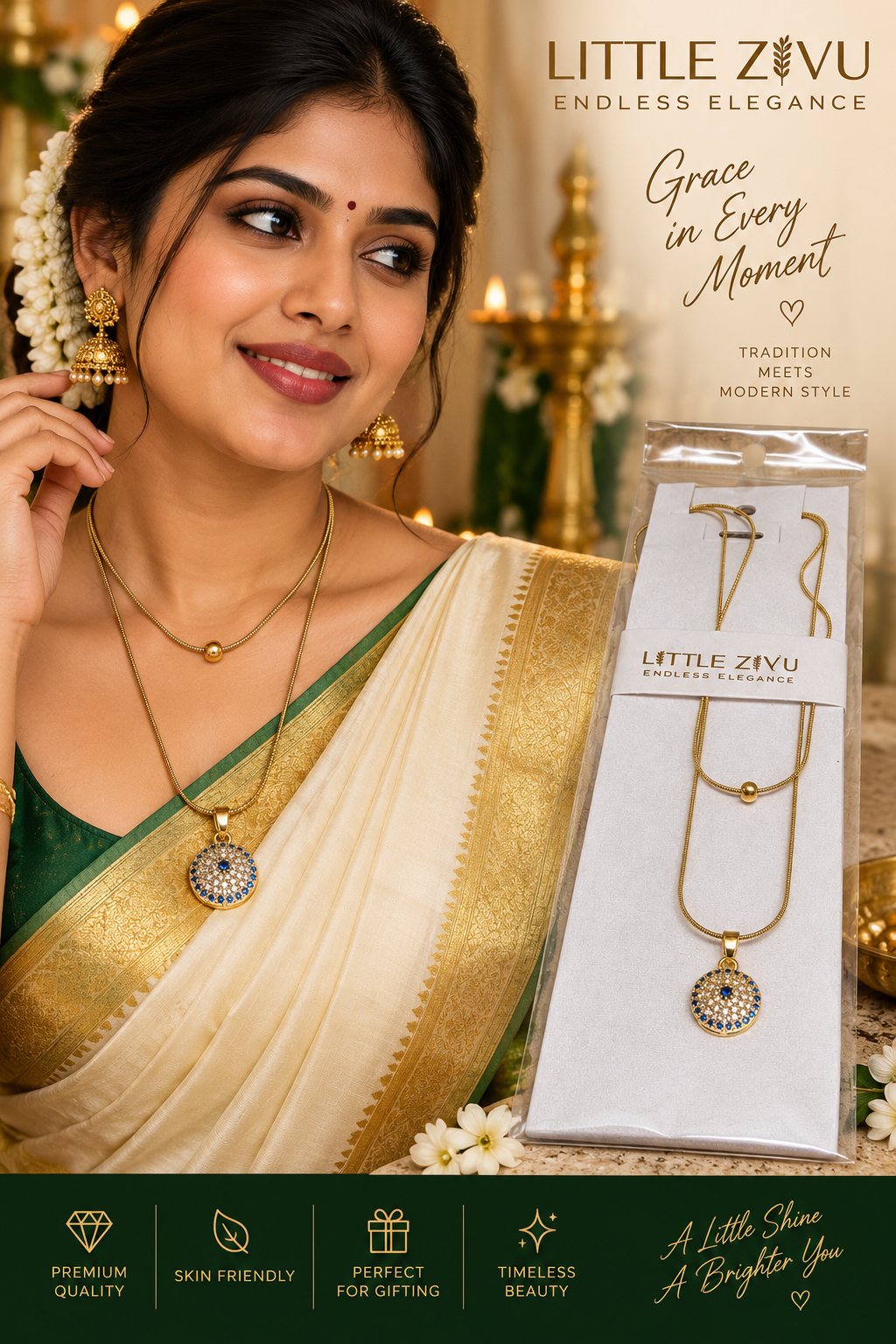 ANTI-TARNISH GOLD TONE DOUBLE LAYERED SNAKE CHAIN NECKLACE WITH PENDANT