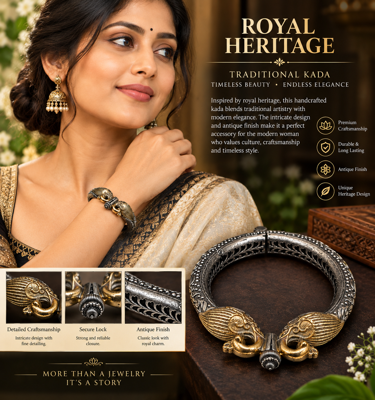 DUAL-TONE OXIDIZED SILVER AND GOLD-PLATED PEACOCK DESIGN KADA BANGLE