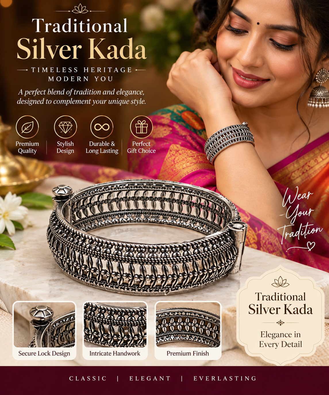 Silver tone metal Kada bracelet
