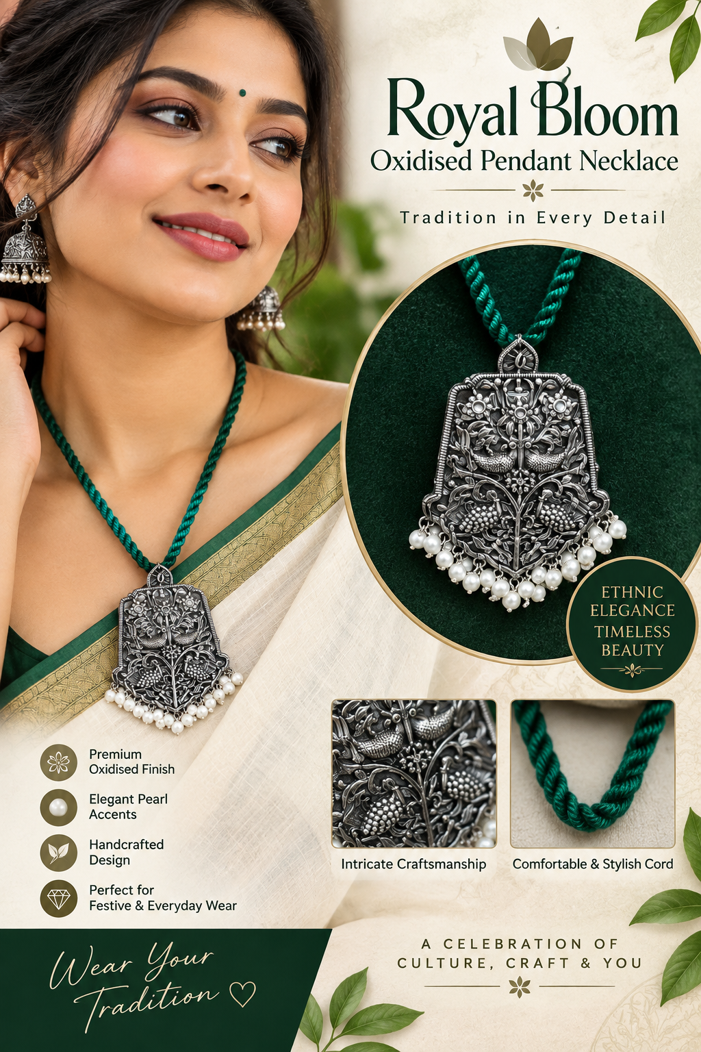 ROYAL BLOOM OXIDISED PENDANT NECKLACE
