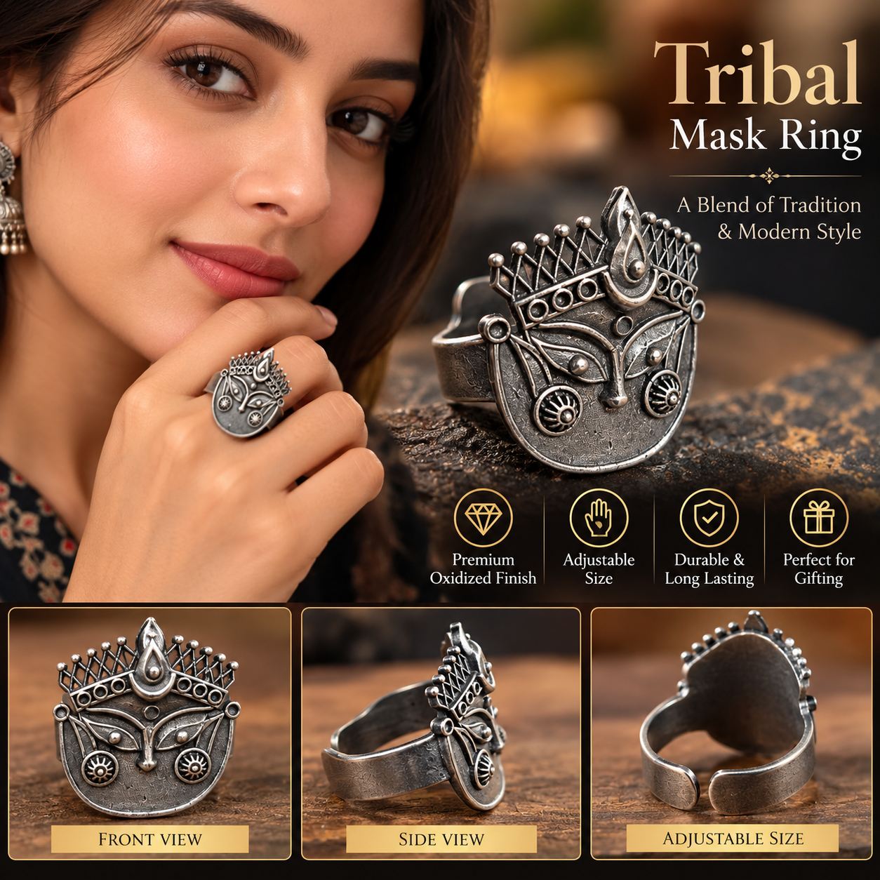 TRIBAL MASK FINGER RING
