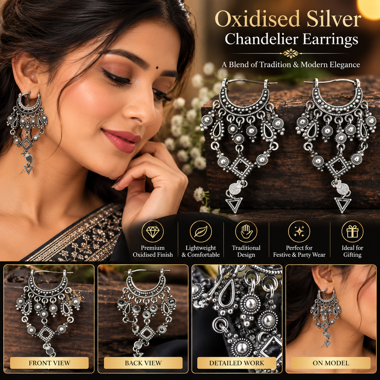 OXIDISED SILVER CHANDELIER EARRINGS