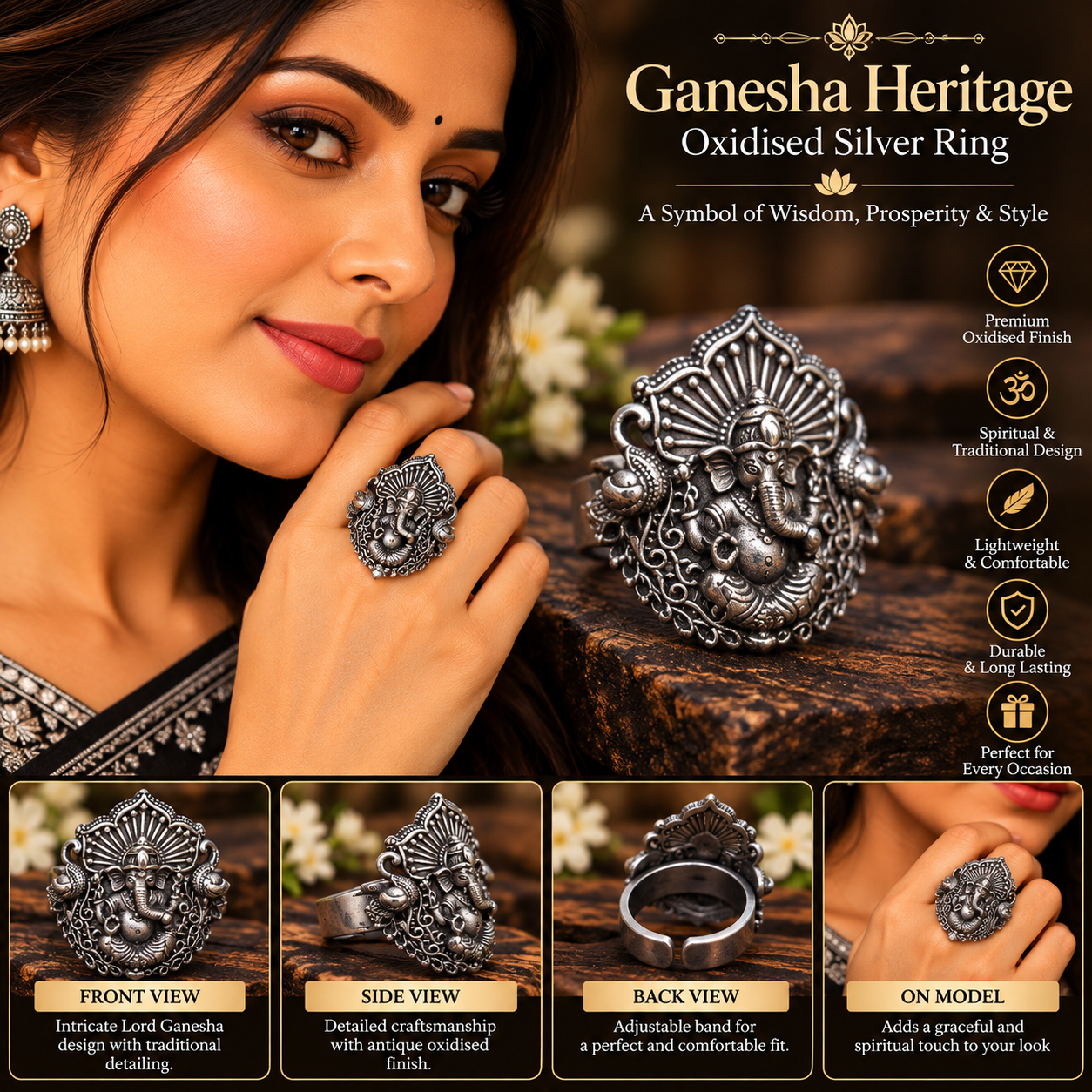 GANESHA HERITAGE OXIDISED SILVER FINGER RING