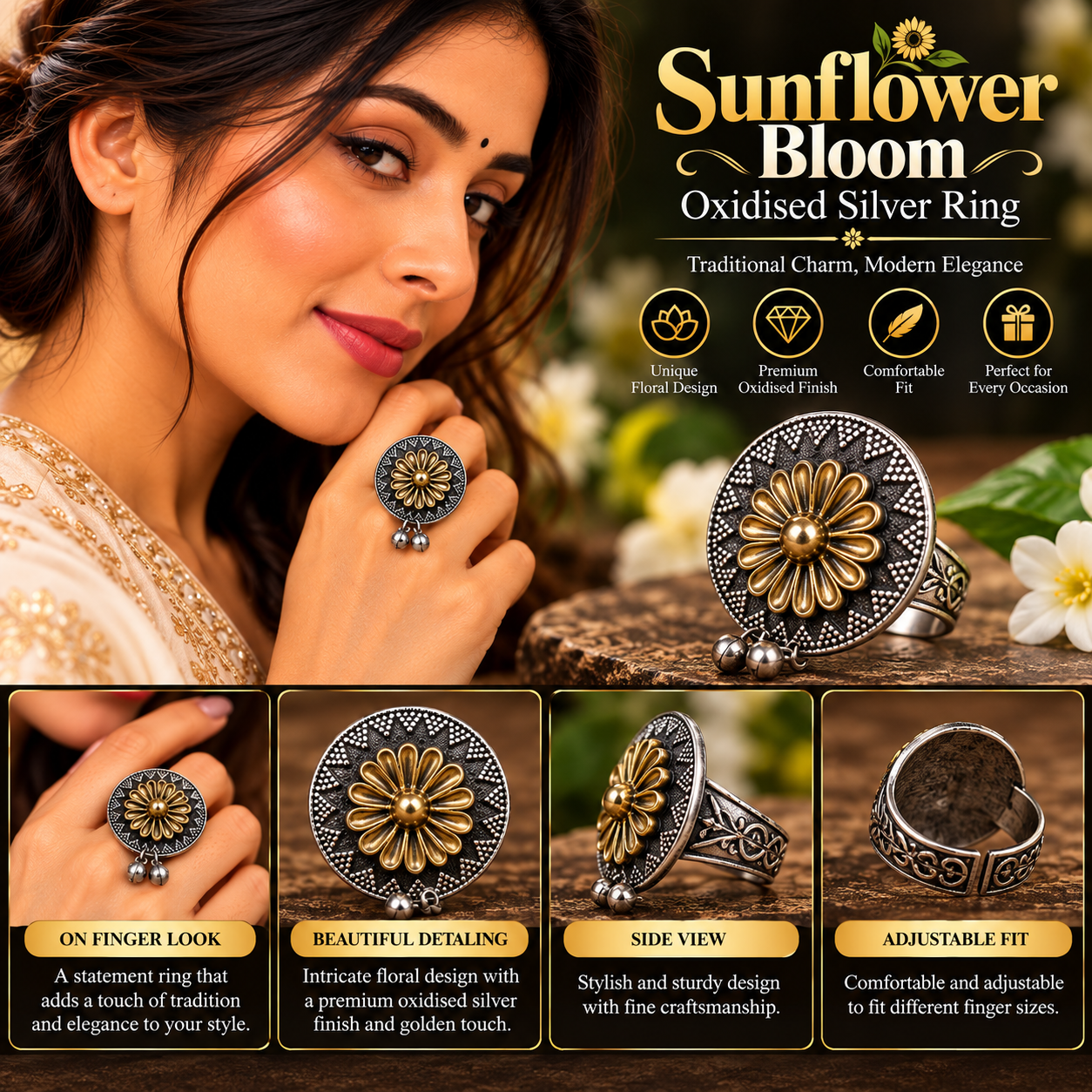 SUNFLOWER BLOOM OXIDISED SILVER FINGER RING