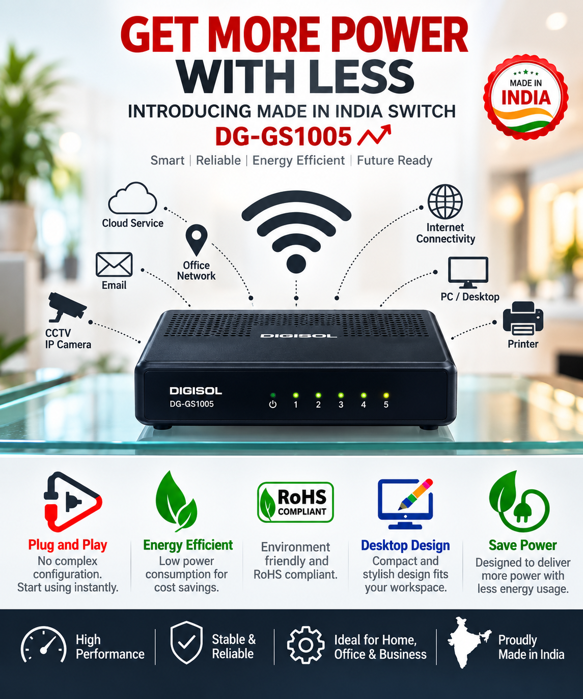 DIGISOL GIGABIT UNMANAGED DESKTOP SWITCH  5 Port 10/100/ 1000Mbps 